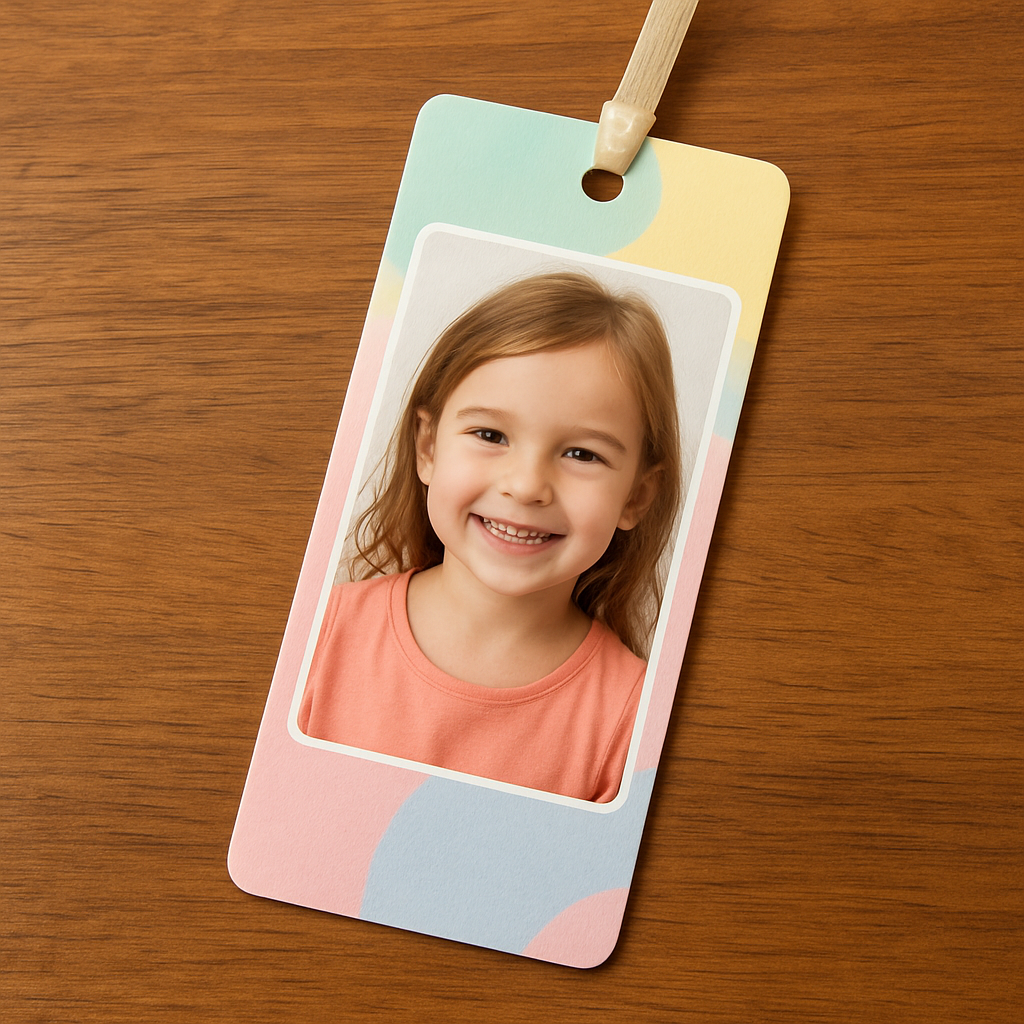 A close‑up of a personalized photo bookmark on a wooden table, showing a smiling child’s portrait against a pastel background. Alt: personalized photo bookmark with bright pastel design and child’s photo.