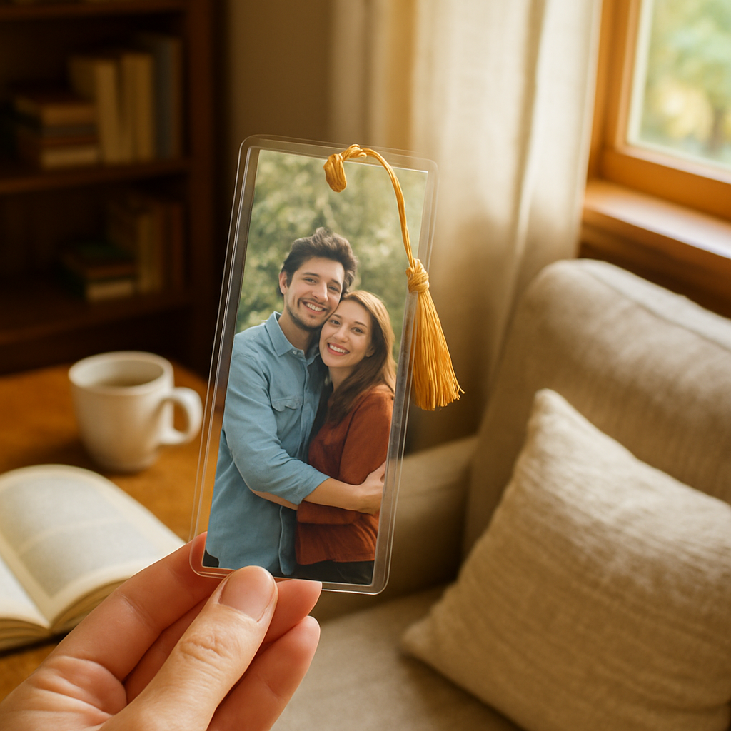 A cozy reading nook with a hand holding a laminated personalized photo bookmark, ribbon tassel visible, bright natural light, showing the glossy protective finish. Alt: laminated personalized photo bookmark with ribbon detail.