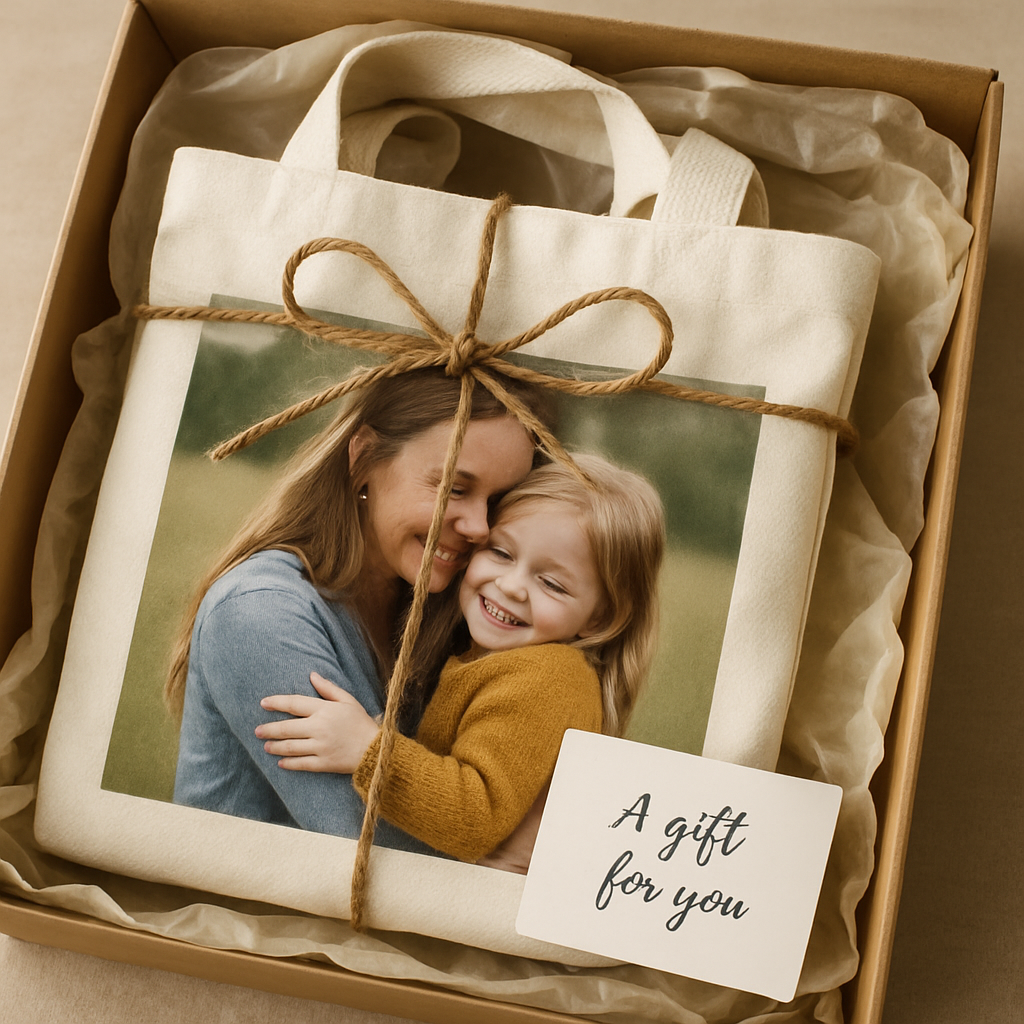 A beautifully wrapped personalized photo canvas tote bag with handwritten note and soft tissue paper. Alt: personalized photo canvas tote bag gift packaging
