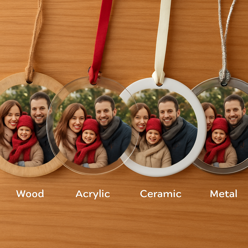 A close‑up of four personalized photo Christmas ornaments side by side, each on a different base—wood, acrylic, ceramic, and metal—showing how the same family photo looks on each material. Alt: Comparison of materials for personalized photo Christmas ornaments.