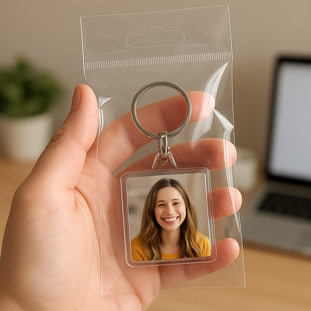 A close‑up of a hand holding a freshly packaged personalised photo keychain on a clear hanger bag, with a soft background of a home office desk. Alt: personalised photo keychain packaged and ready to ship.