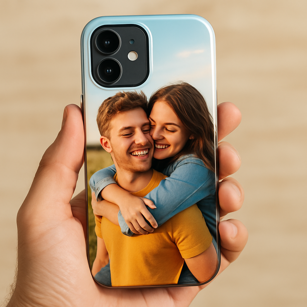 A close‑up of a hand holding a freshly printed personalized photo phone case, showing vibrant colors and a glossy polycarbonate finish. Alt: personalized photo phone case printed on high‑quality polycarbonate material.