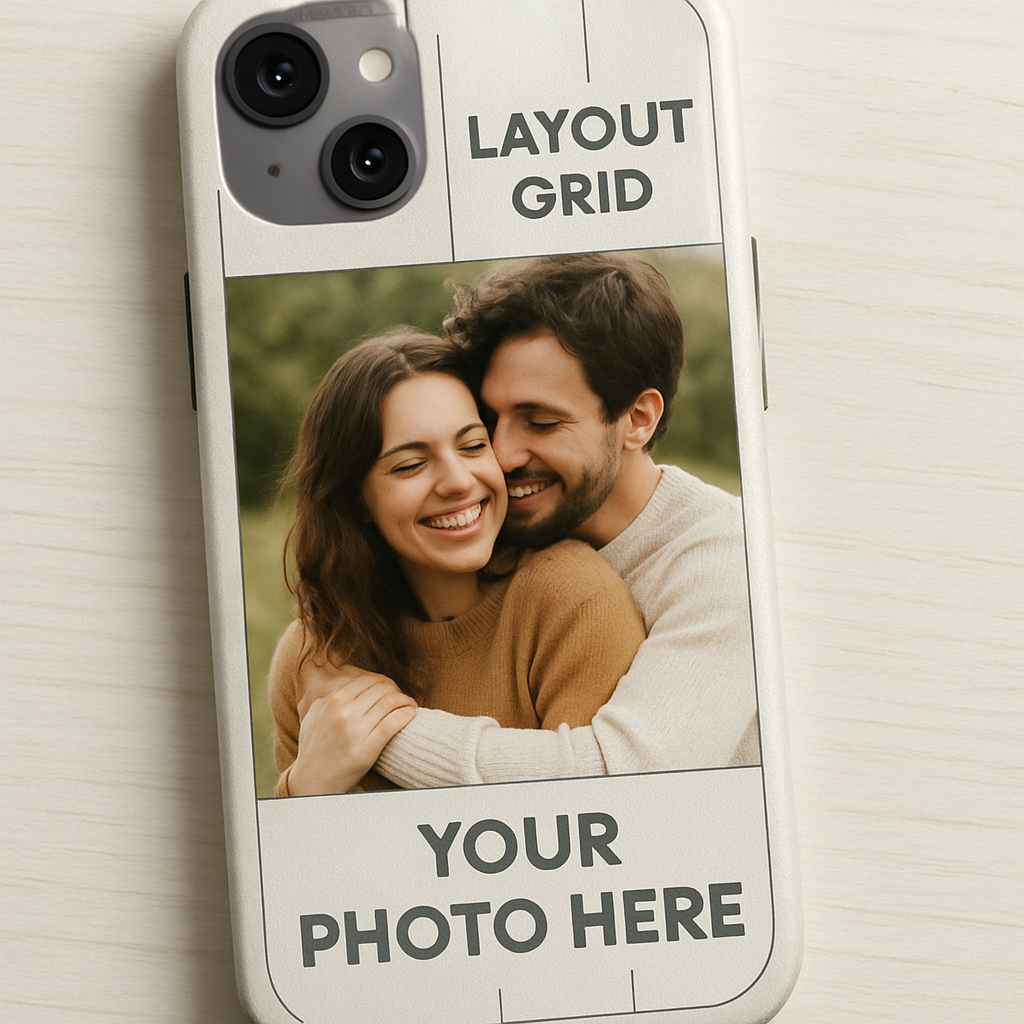 A phone case mockup showing a photo with overlaid text and layout grid. Alt: personalized photo phone case design layout example.