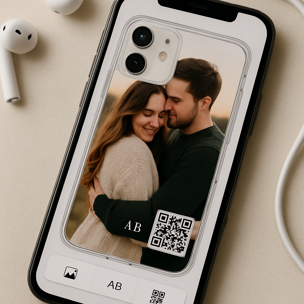 A close‑up of a phone case design screen showing a photo, a tiny monogram, and a QR code overlay. Alt: personalized photo phone case design with accessories