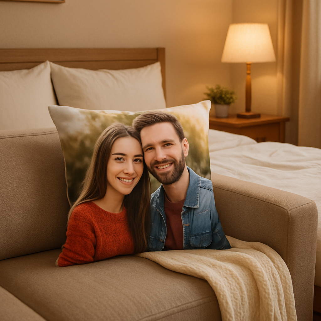 A cozy bedroom scene with a personalized photo pillow cover draped over a couch. Alt: personalized photo pillow cover gift