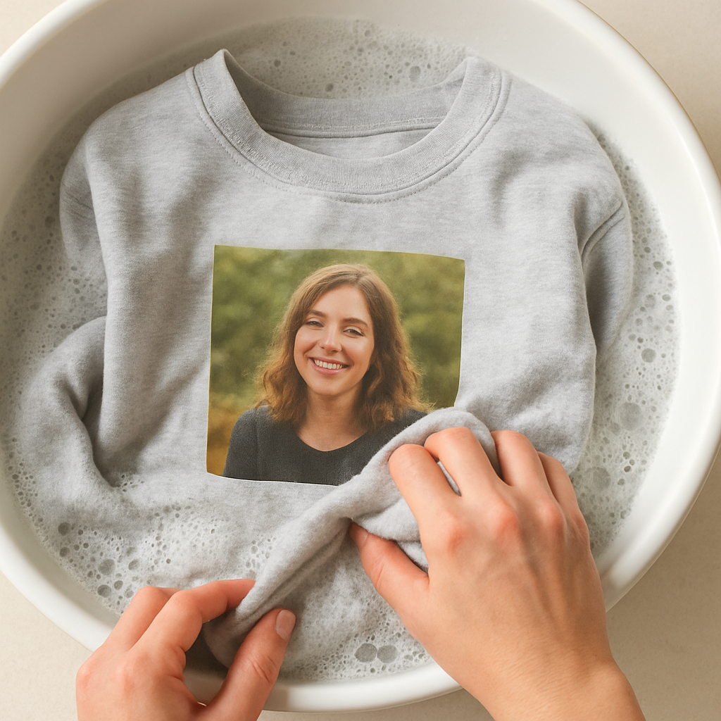 A cozy hands‑on washing guide for a personalized photo sweatshirt, showing a soft cotton‑poly blend garment being gently hand‑washed. Alt: How to wash a personalized photo sweatshirt