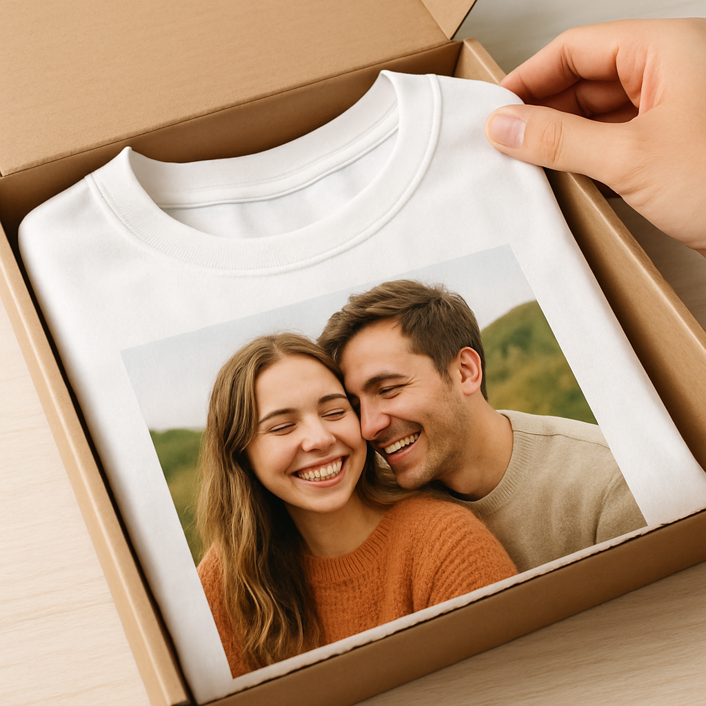 A close‑up of a freshly printed personalized photo t shirt being placed in a mail‑order box, showing the vibrant print and soft fabric. Alt: personalized photo t shirt ready for shipping