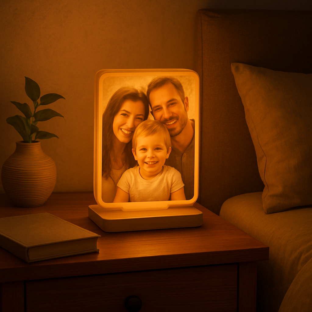 A cozy bedroom nightstand with a personalized picture night light casting a soft glow, showing a family photo of a child smiling, warm amber lighting, high detail. Alt: personalized picture night light on a nightstand with family photo.