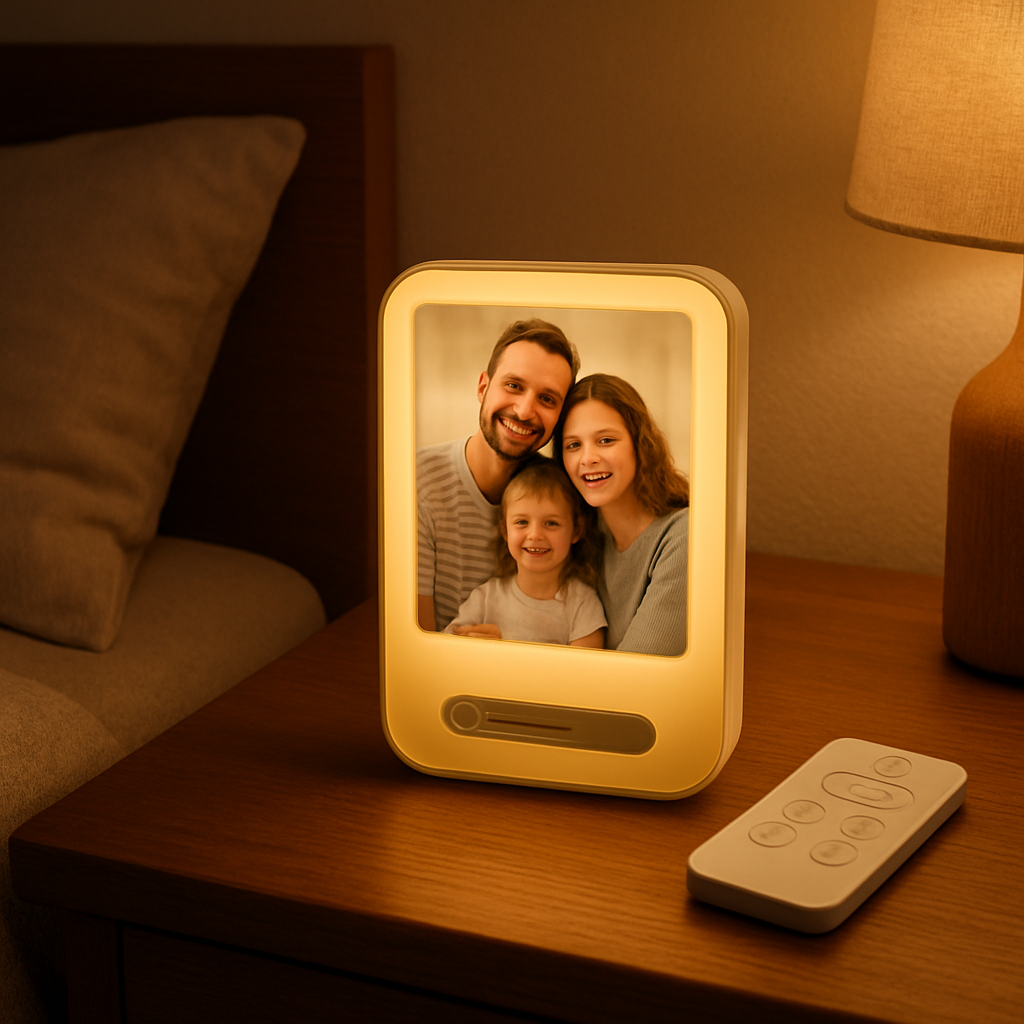 A cozy bedroom scene with a personalized picture night light glowing softly on a nightstand, showing the dimmer slider and a remote control nearby. Alt: personalized picture night light with adjustable brightness and colour temperature settings