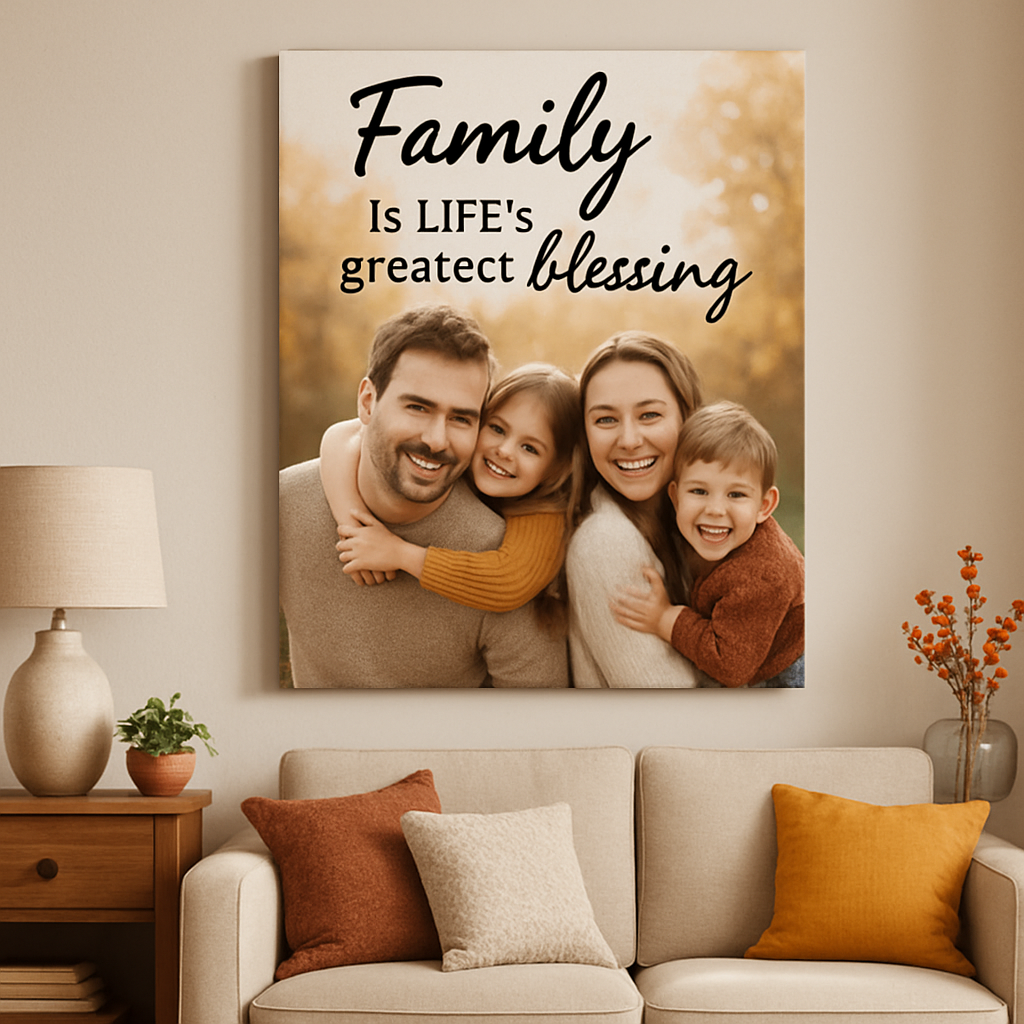 A cozy living‑room wall featuring a personalized quote canvas with a family photo background, warm accent colors, and a tiny heart icon. Alt: personalized quote canvas with photo background and subtle accents