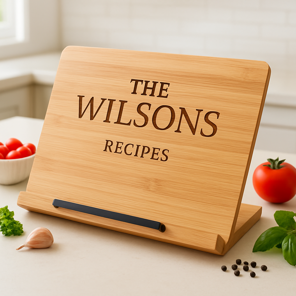 A sleek personalized recipe book stand made of bamboo with an engraved family name, placed on a bright kitchen counter with fresh ingredients scattered around. Alt: Personalized recipe book stand bamboo kitchen gift