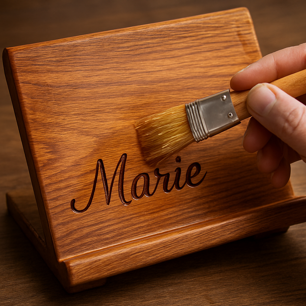 A close‑up of a hand applying a satin oil finish to a wooden cookbook stand, highlighting the grain and a freshly engraved name. Alt: finished personalized recipe book stand with oil sheen.