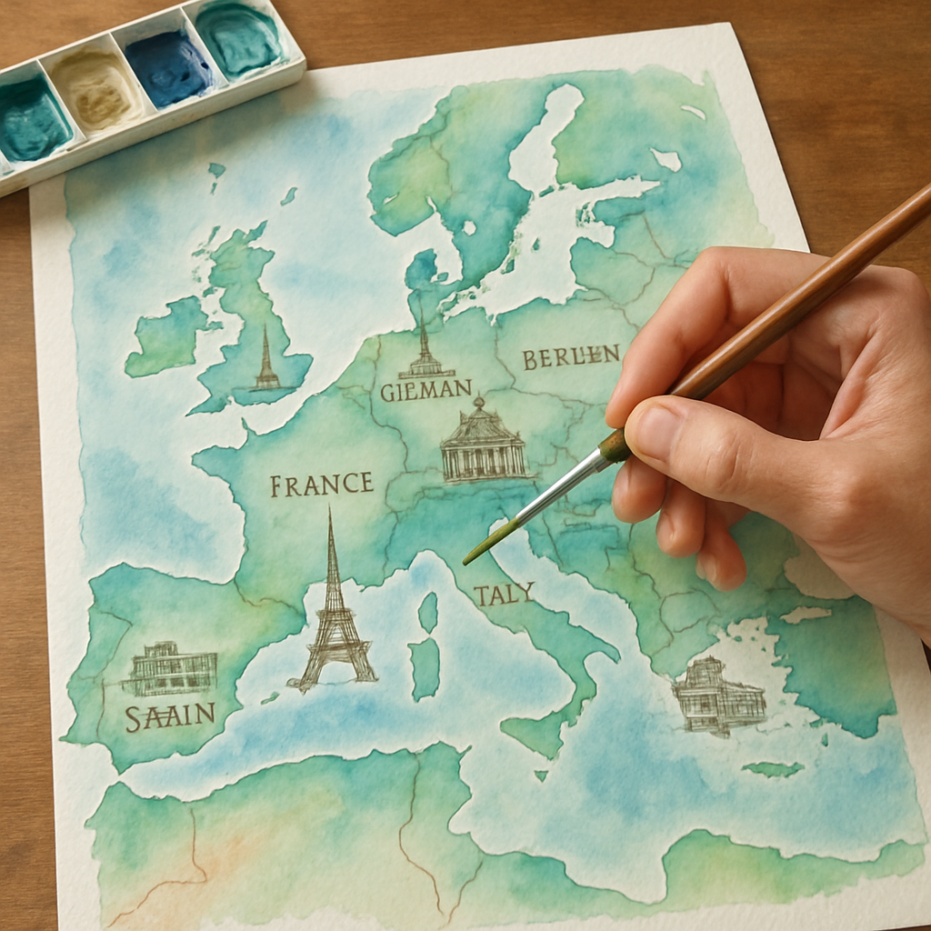 An artist painting a personalized watercolor travel map, showing layers of washes in soft blues and greens with fine brush details highlighting landmarks. Alt: How to create a personalized watercolor travel map poster with vibrant watercolor painting techniques.