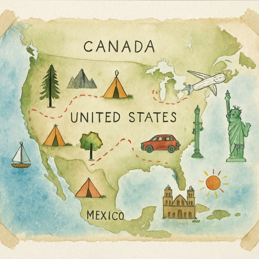 Watercolor travel map poster with personal hand-drawn symbols, textured edges with washi tape, and salt effects on water areas. Alt: Personalized watercolor travel map poster featuring custom accents, borders, and textured elements.