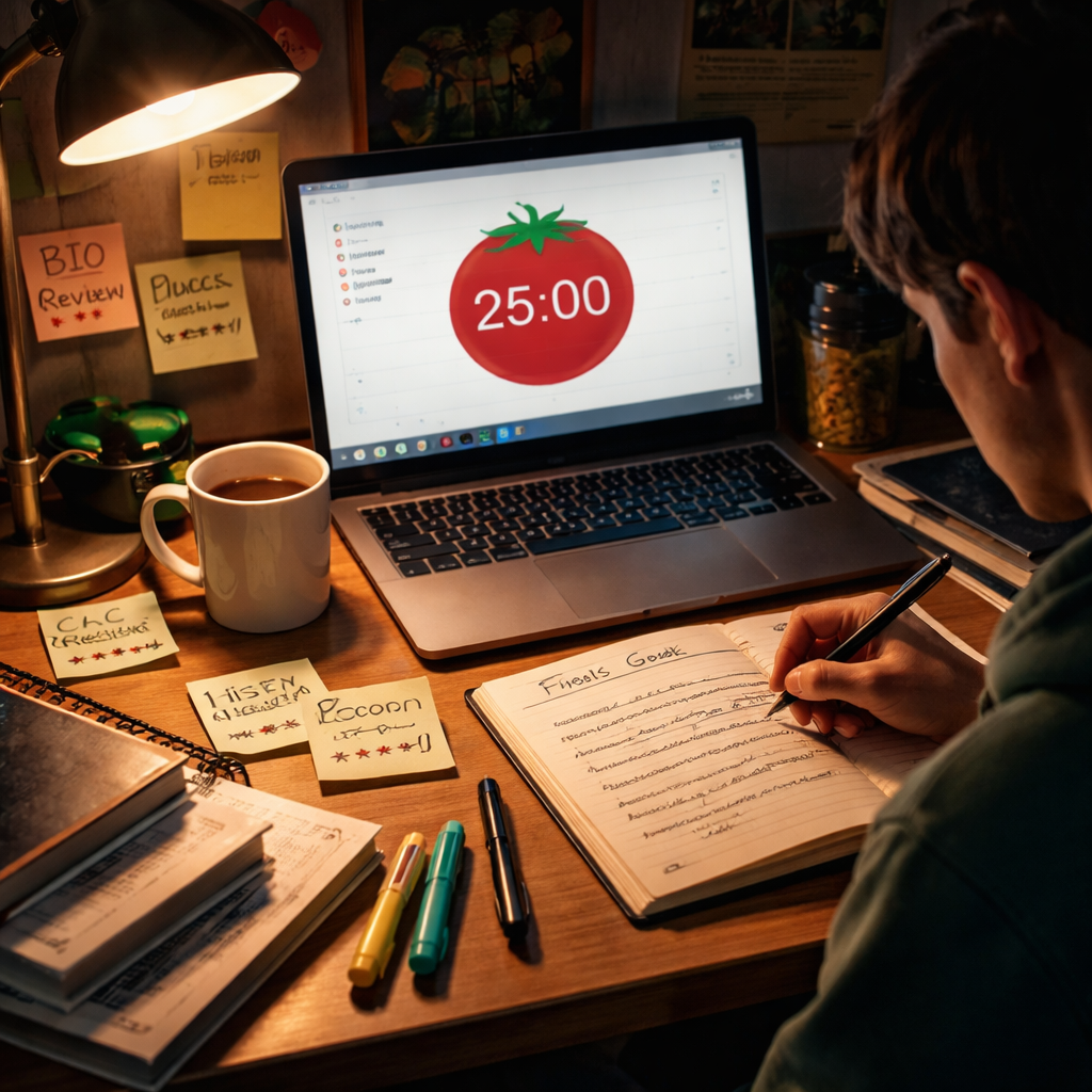 A photorealistic scene of a university dorm desk at night, illuminated by a laptop screen displaying a Pomodoro timer, scattered sticky notes with subject names and difficulty ratings, a coffee mug, and a focused student writing goals in a notebook. Alt: Student assessing study material and setting pomodoro goals for finals prep.