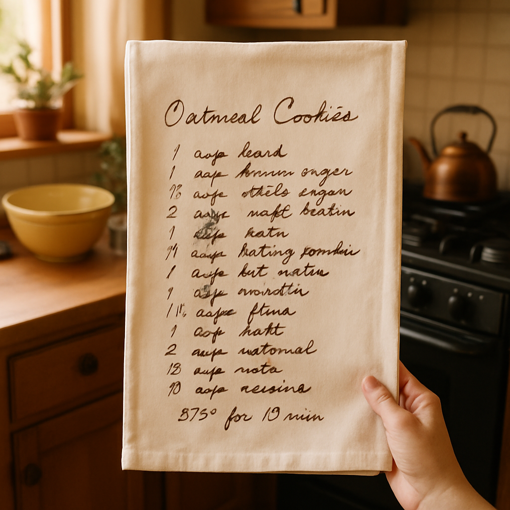 A cozy kitchen scene with a hand‑held tea towel displaying a handwritten family recipe, soft natural light, warm colors. Alt: Print on demand custom recipe tea towel gift featuring a handwritten family recipe.