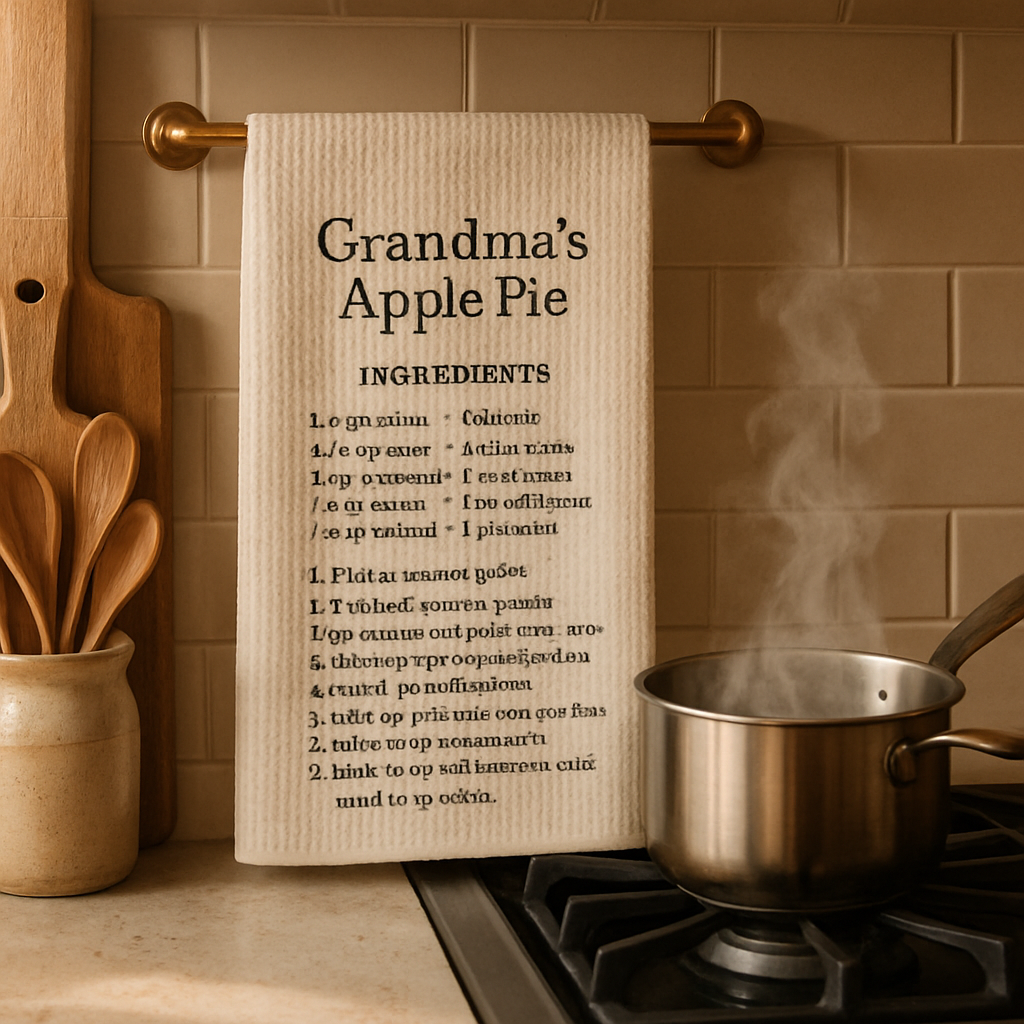 A warm kitchen scene with a freshly printed custom recipe tea towel hanging on a rack, steam rising from a pot, showcasing the waffle‑weave texture. Alt: print on demand custom recipe tea towel gift displayed in a homely kitchen.