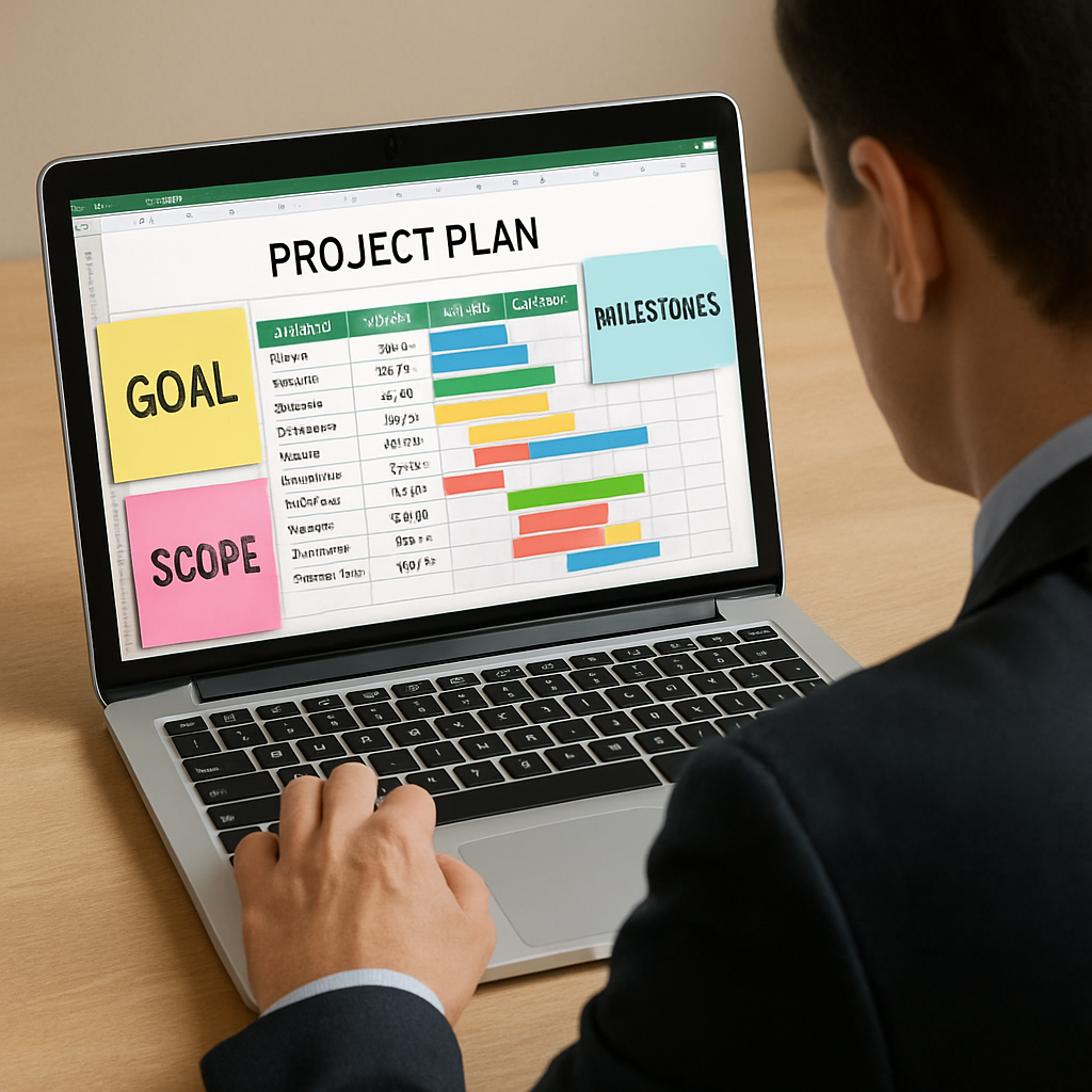 An AI‑generated illustration of a business professional reviewing a colorful Excel project plan template on a laptop, with sticky notes labeled “Goal”, “Scope”, and “Milestones” around the screen. Alt: project plan template excel goal and scope visualization.