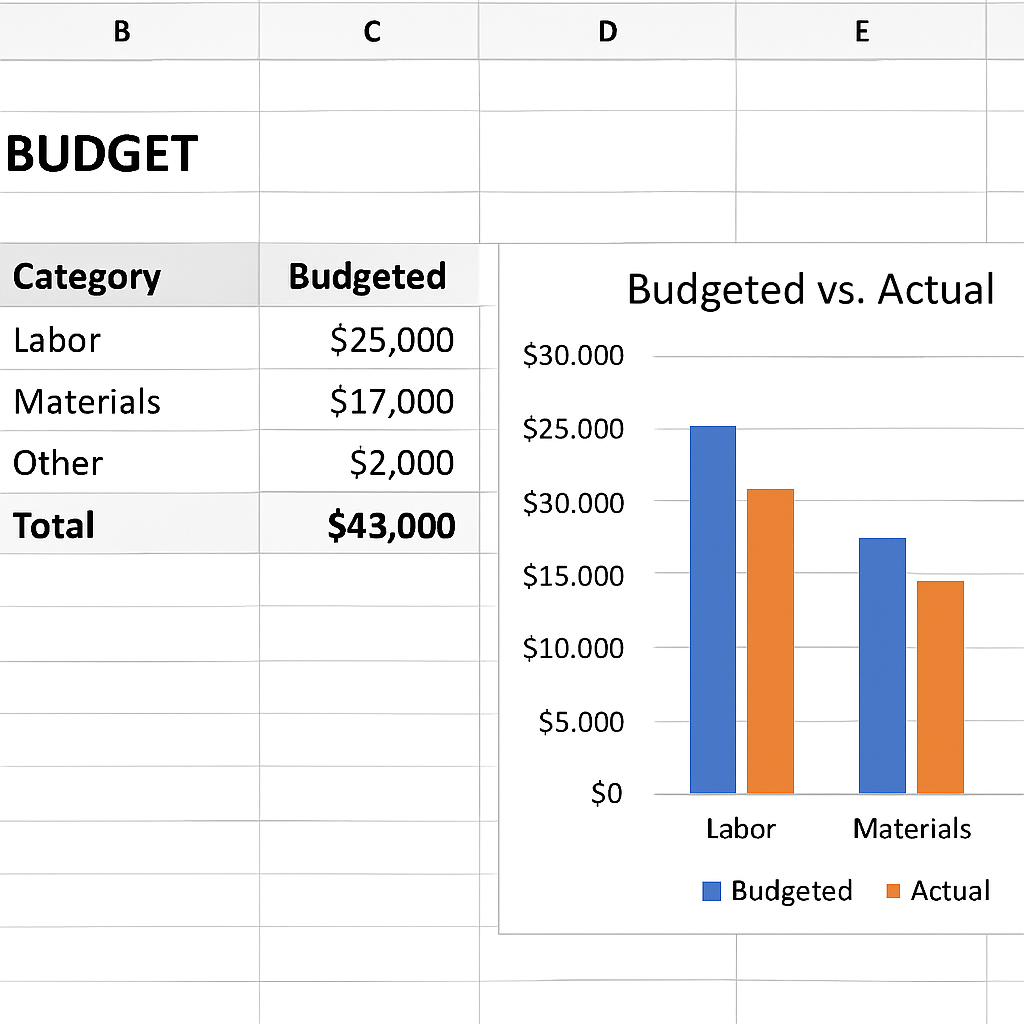 A clean Excel spreadsheet showing a budget tab with rows for labor, materials, and a bar chart comparing budgeted vs. actual costs. Alt: project plan template excel budget tracking view