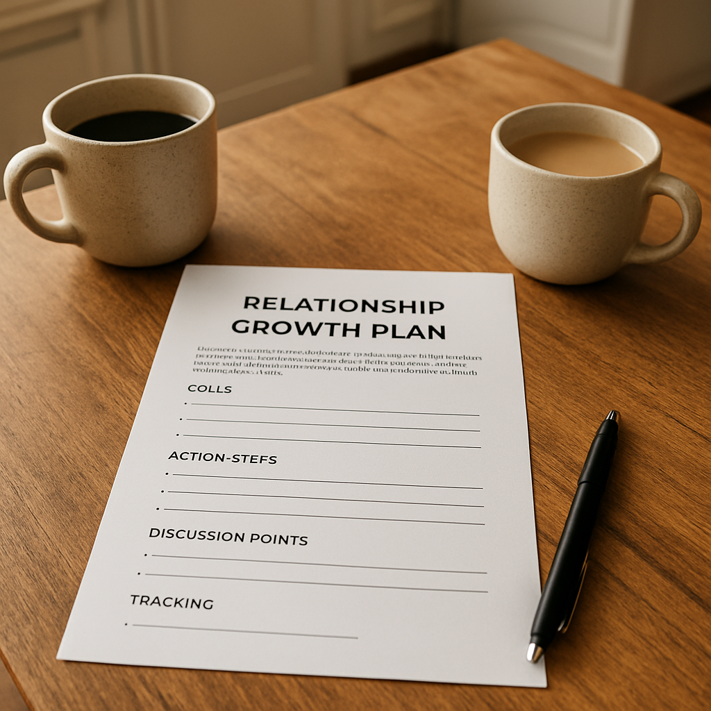 A cozy kitchen table with a printed relationship growth plan template pdf, two coffee mugs, and a pen, symbolizing couples planning together. Alt: relationship growth plan template pdf on kitchen table with coffee mugs.