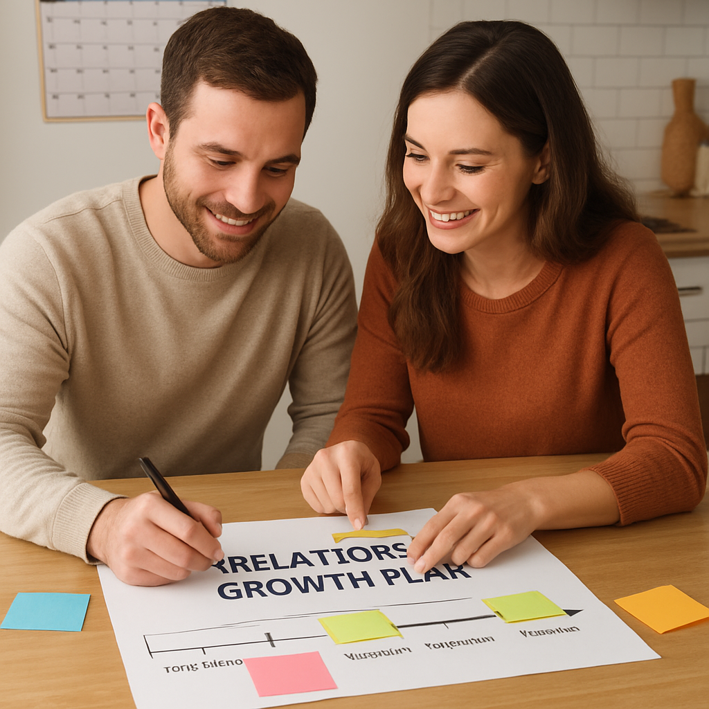 A couple sitting at a kitchen table marking milestones on a printed relationship growth plan template pdf, with colorful sticky notes and a calendar in the background. Alt: relationship growth plan template pdf milestone timeline illustration