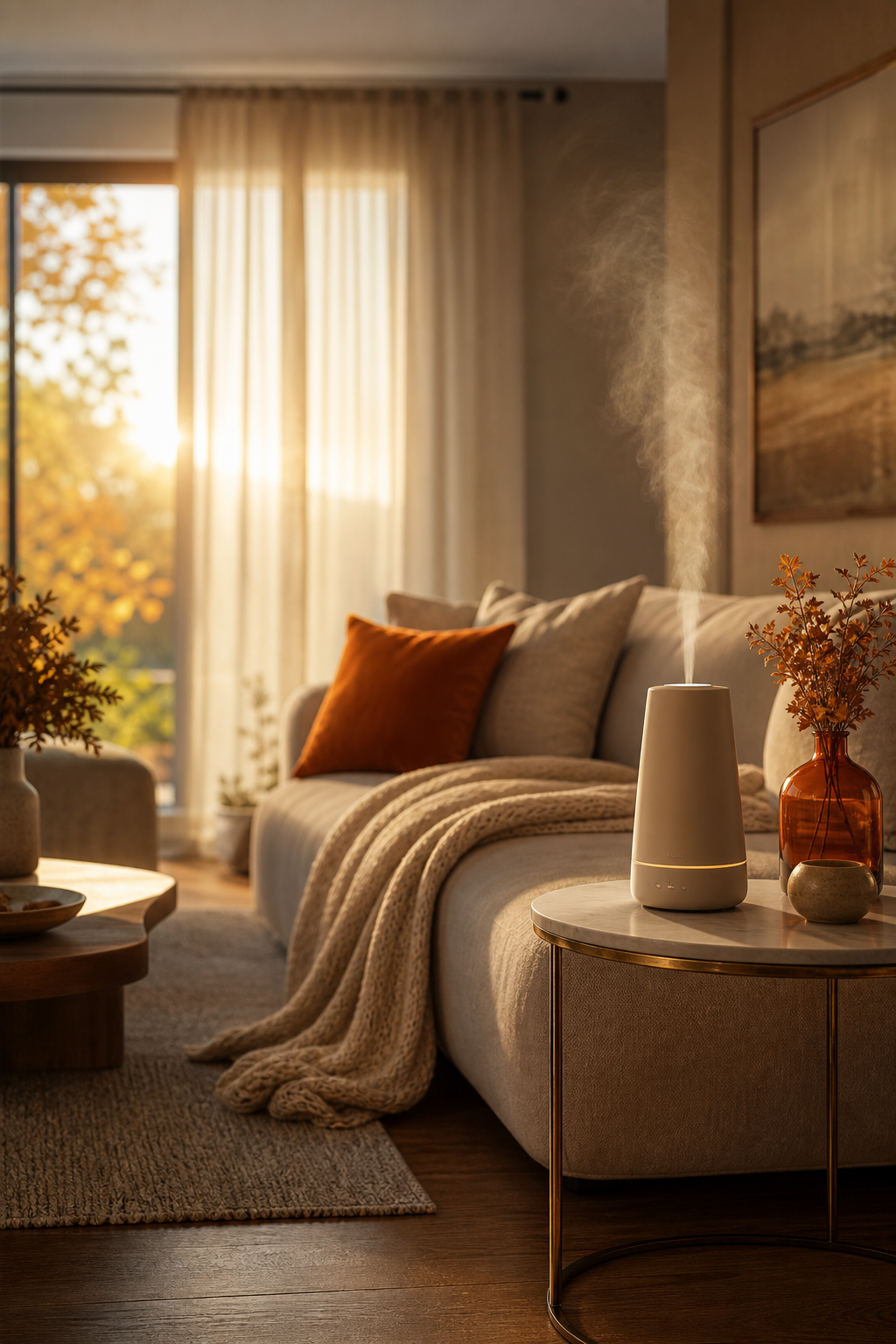 A photorealistic wide-angle view of a warmly lit living room interior at golden hour, with soft natural light streaming through linen curtains onto a hardwood floor, a plush sofa, and a small side table holding a sleek modern diffuser. Brand accent color #FF6B00 appears subtly in a throw pillow and a vase. Alt: seasonal scent rotation setup in a modern living room with a cold-air diffuser on a side table.