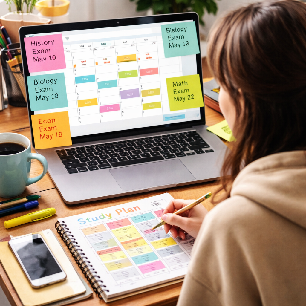 A photorealistic scene of a college student sitting at a desk with a laptop open to a digital calendar, colourful sticky notes around the monitor highlighting exam dates, a cup of coffee, and a notebook with a colour‑coded study plan. Alt: Student planning exam schedule with colour‑coded calendar and sticky notes.