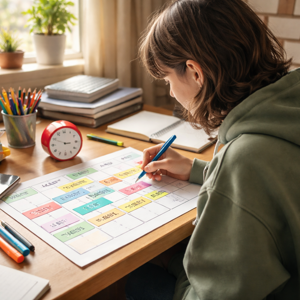 A photorealistic scene of a college student planning study blocks on a calendar with a small Pomodoro timer visible on a desk, natural light in a dorm room. Alt: Student planning with Pomodoro timer.