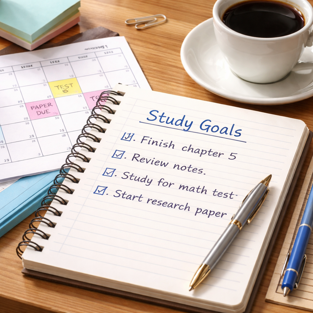 A close-up of a notebook page with a handwritten goals list, a calendar, and a coffee cup, symbolizing goal setting for study planning. Alt: Study goals planning notebook with calendar and coffee cup.