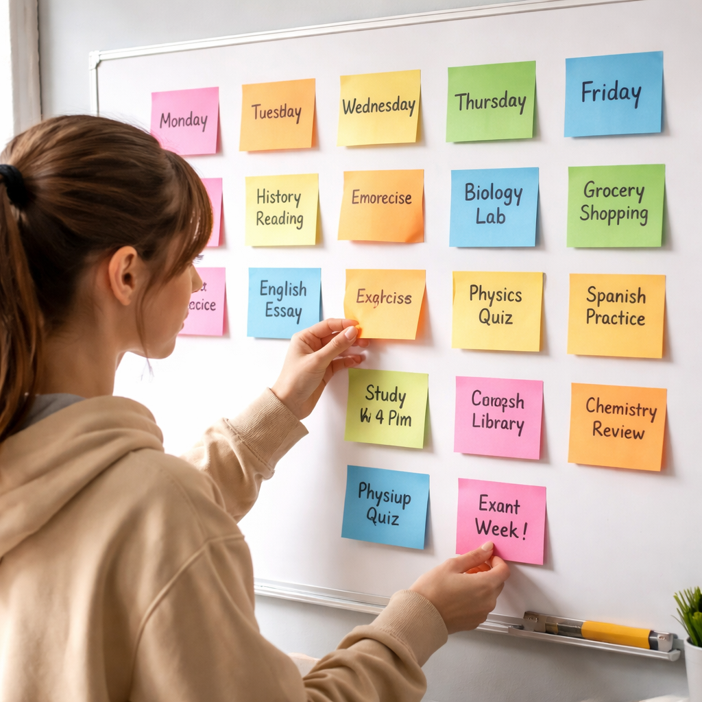 A student arranging colored sticky notes on a wall, planning a weekly schedule with sticky notes. Alt: Student planning weekly study schedule with sticky notes.