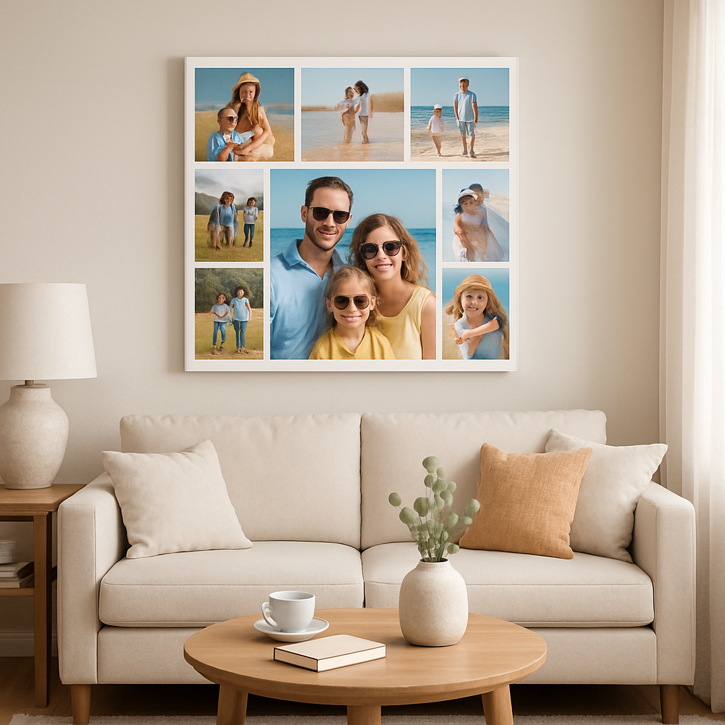 A bright living‑room with a custom canvas photo collage hanging above a sofa, showing a mix of family vacation shots and a central hero image. Alt: custom canvas photo collage displayed in a modern home setting.