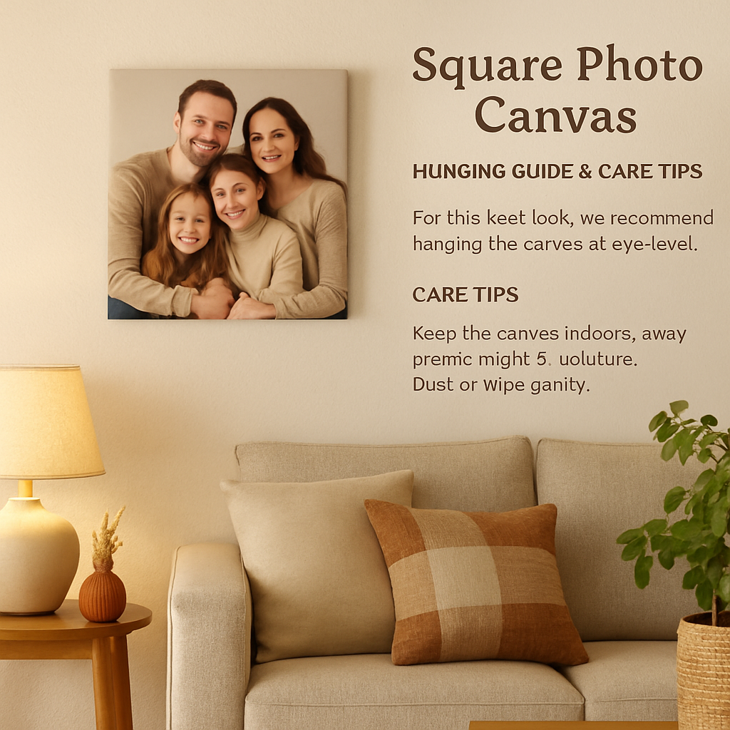 A cozy living‑room wall with a square photo canvas hung at eye level, showing a family portrait with soft lighting and a subtle shadow behind it. Alt: Square photo canvas hanging guide and care tips.