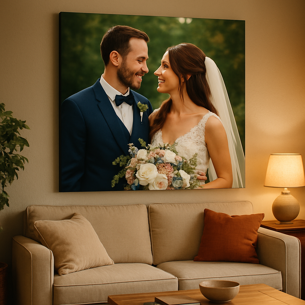 A cozy living room with a large wedding photo canvas hanging above a sofa, warm lighting highlighting the vivid colors of the printed image. Alt: wedding photo canvas print displayed in a home setting.