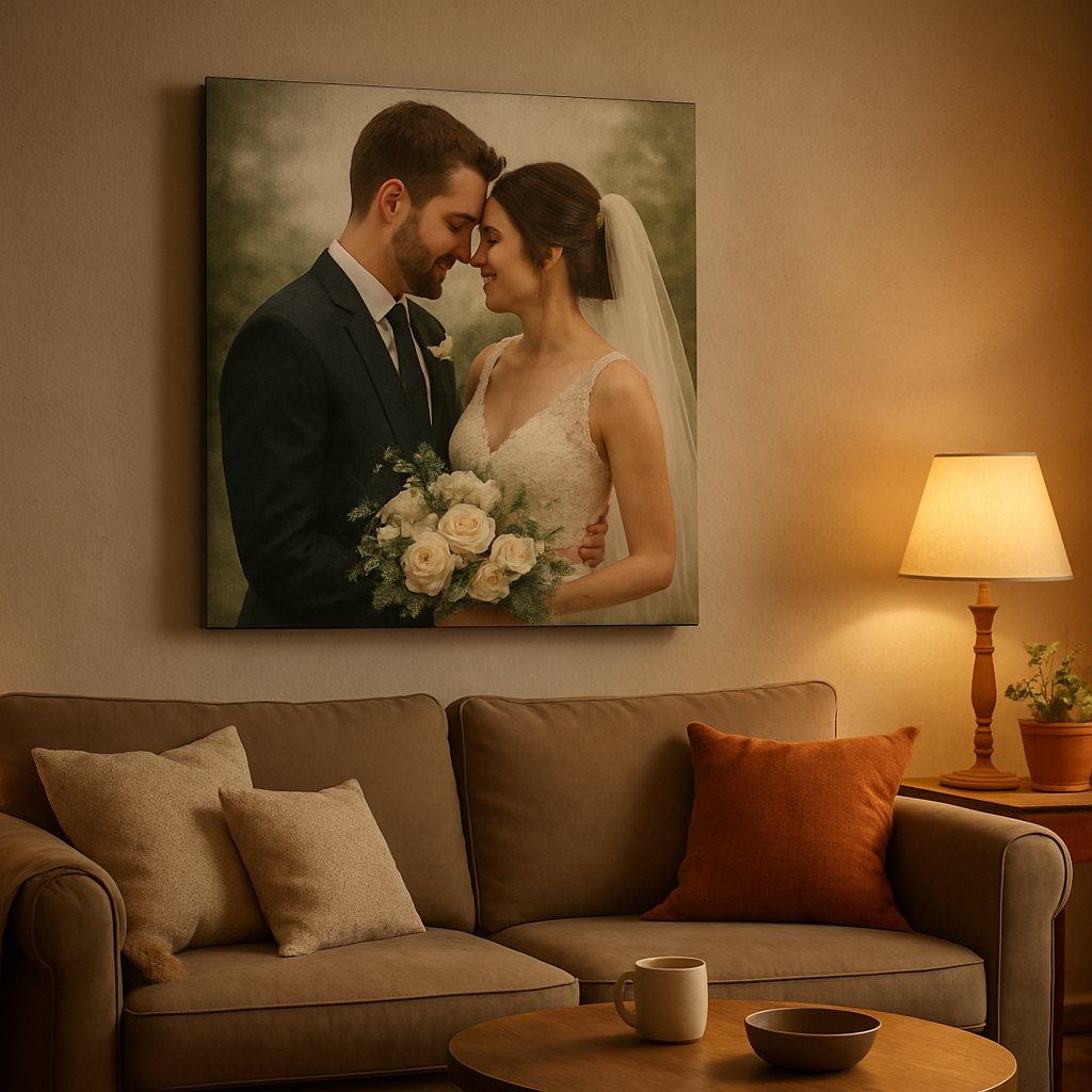 A cozy living room with a wedding photo canvas print on a wall, showing texture and warm lighting. Alt: wedding photo canvas print displayed in a home setting.