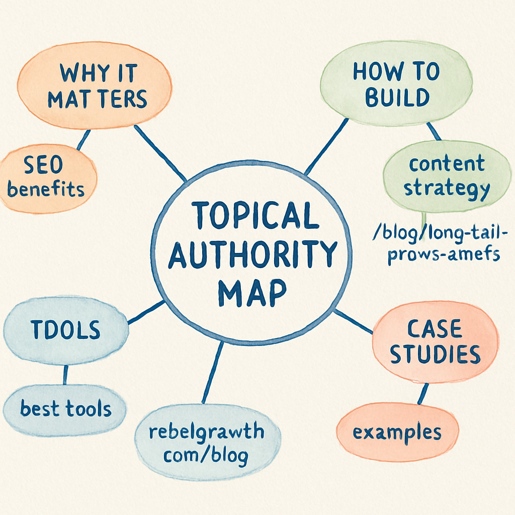 A hand‑drawn mind map showing a niche topic at the center with branches for audience personas, pain points, and keyword clusters. Alt: Topical authority map niche audience mind map illustration.