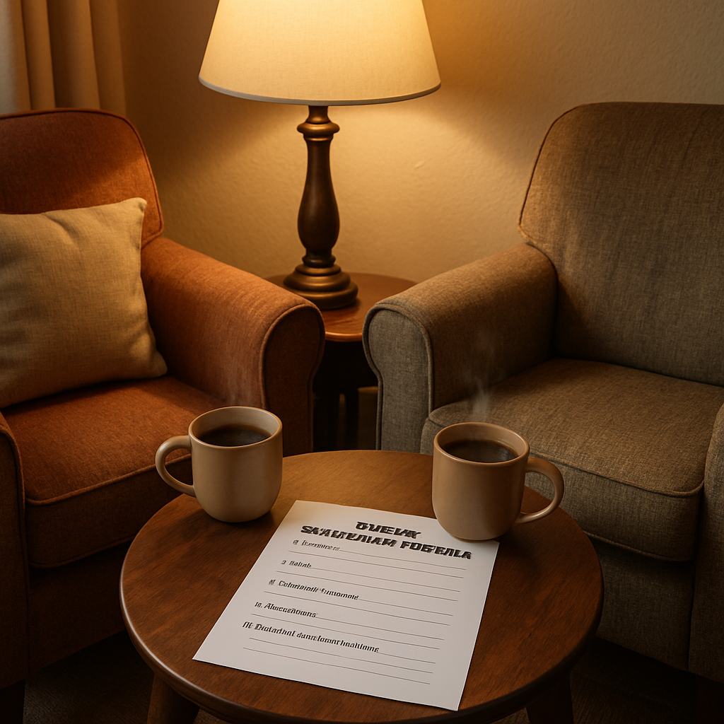 A warm, inviting corner of a living room with two cozy chairs, a soft lamp, a printed weekly relationship meeting template laid out on a small table, two mugs of coffee steaming. Alt: 