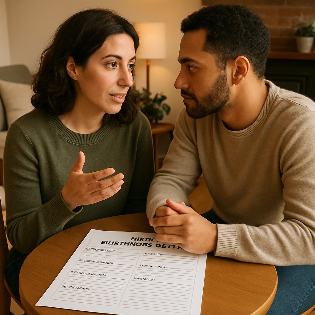 A cozy living room scene with two partners sitting at a small table, a printable weekly relationship meeting template spread out, one partner leaning in and listening attentively while the other speaks. Alt: Active listening during a weekly relationship meeting template for couples.