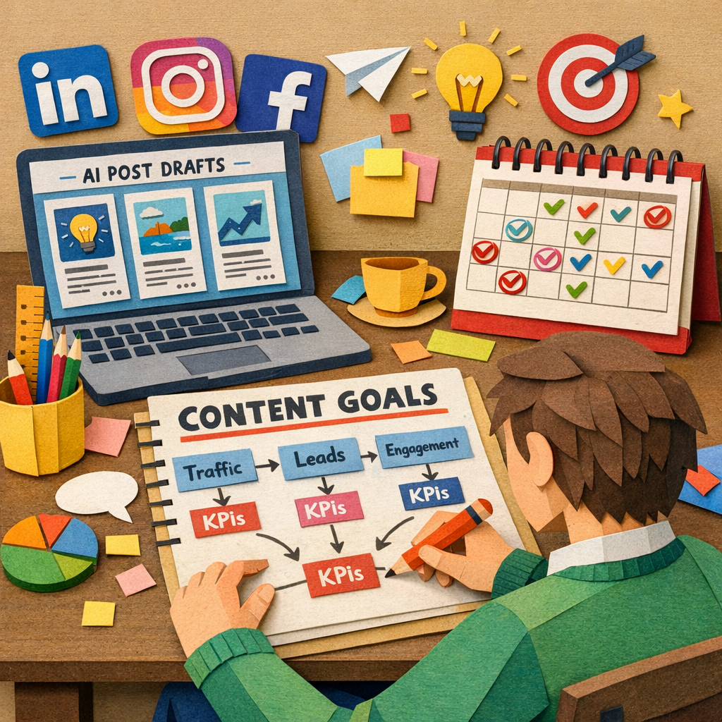 A Papercraft illustration of a marketer at a desk, sketching a content goal worksheet with arrows pointing to KPI boxes, a laptop displaying AI‑generated social media post drafts, and a calendar marked with posting dates. The scene is colorful, playful, and includes icons of LinkedIn, Instagram, and Facebook. Alt: Defining content goals for AI generated social media posts in a papercraft style.