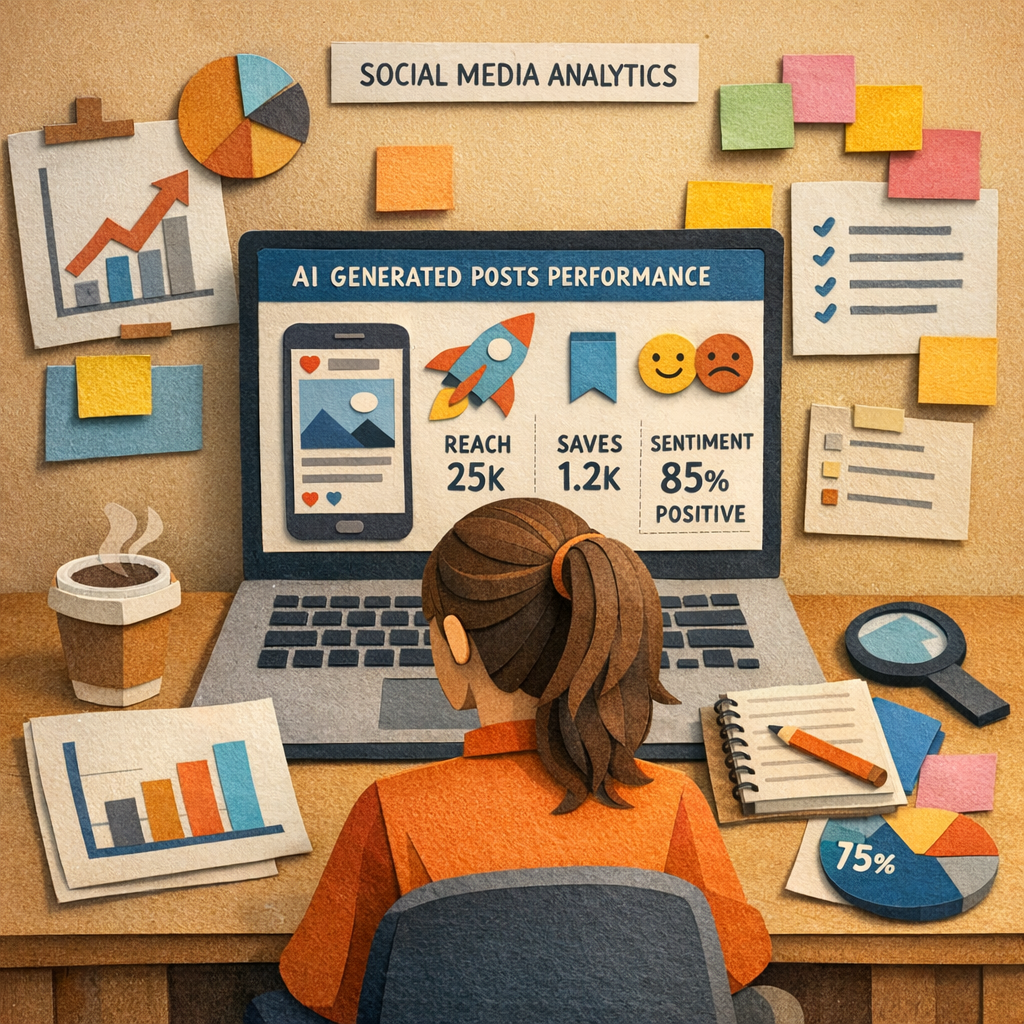 A Papercraft illustration of a marketer at a desk surrounded by charts and sticky notes, analyzing AI generated social media posts performance on a laptop screen, with icons for reach, saves, and sentiment. Alt: Analyzing performance of AI generated social media posts in a papercraft style.