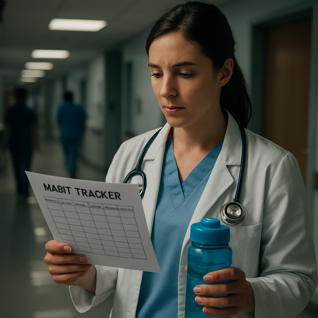 A busy hospital corridor with a clinician holding a printed habit tracker pdf, checking off a habit beside a water bottle. Alt: Clinician using habit tracker pdf to stay hydrated during shift.