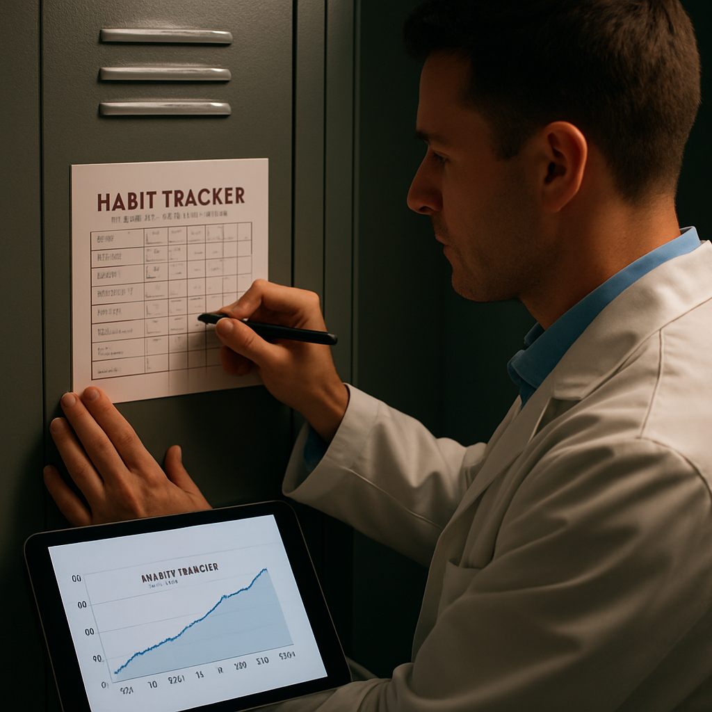 A clinician pinning a populated habit tracker PDF to a locker, pen in hand, with a tablet showing a simple weekly streak chart. Alt: habit tracker pdf on locker with clinician checking a habit.