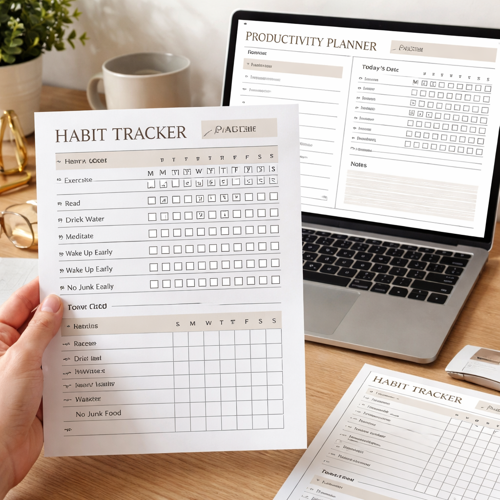 A hand holding a printable habit tracker page next to a laptop displaying a productivity planner template. Alt: habit tracker page integrated into productivity planner template