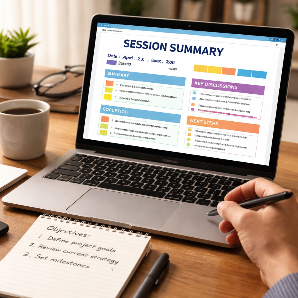 A photorealistic desk scene showing an open laptop with a colorful session summary template for review displayed on screen, a handwritten objective note beside it, a coffee mug, and a focused remote worker’s hand holding a stylus, realistic lighting, realistic style. Alt: Detailed session summary template for review with defined objectives.