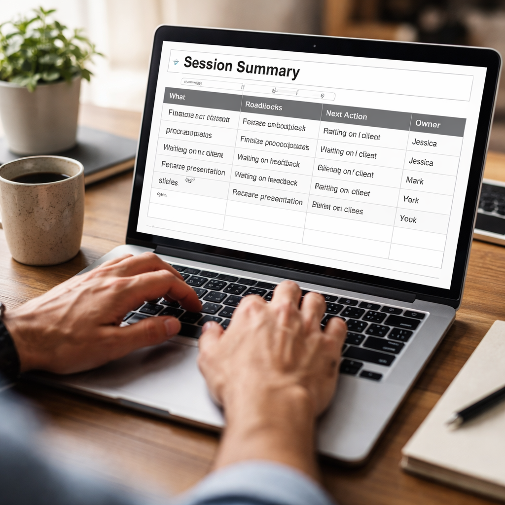 A photorealistic desktop scene showing a laptop open to a session summary template with columns for What, Roadblocks, Next Action, and Owner, a coffee mug, and a focused remote worker typing. Alt: Session summary template for review with clear ownership columns.