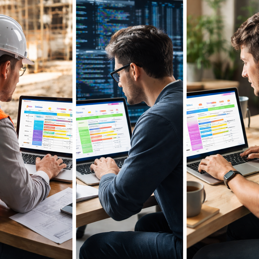 A construction site manager, an IT professional, and a freelancer each looking at a colourful work log template on a laptop, with industry‑specific columns highlighted. Alt: Customized work log template for construction, IT, and freelance industries.