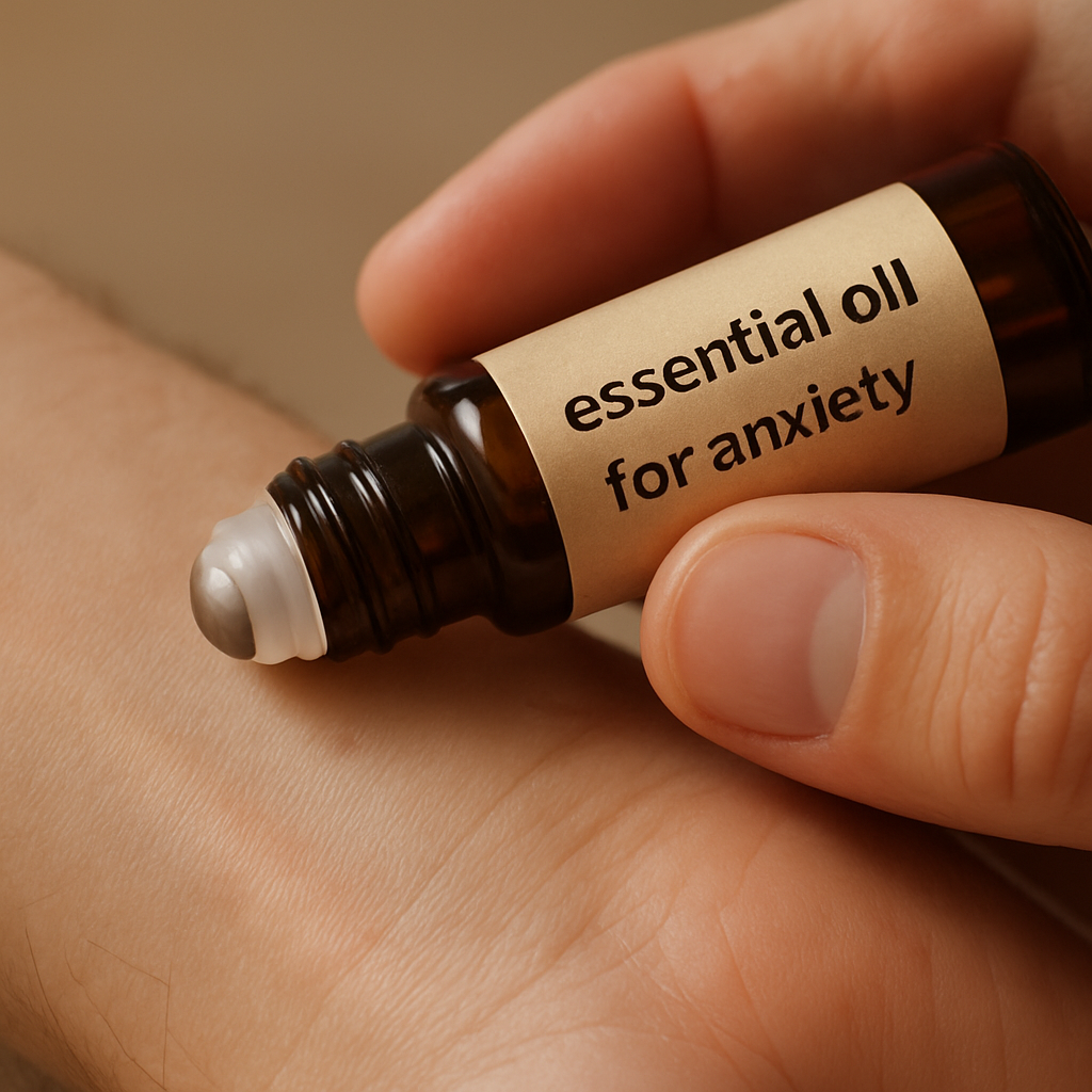 A close‑up of a hand rolling a glass bottle on a wrist, showing the roller ball in action. Alt: essential oil roll on for anxiety being applied to pulse point.