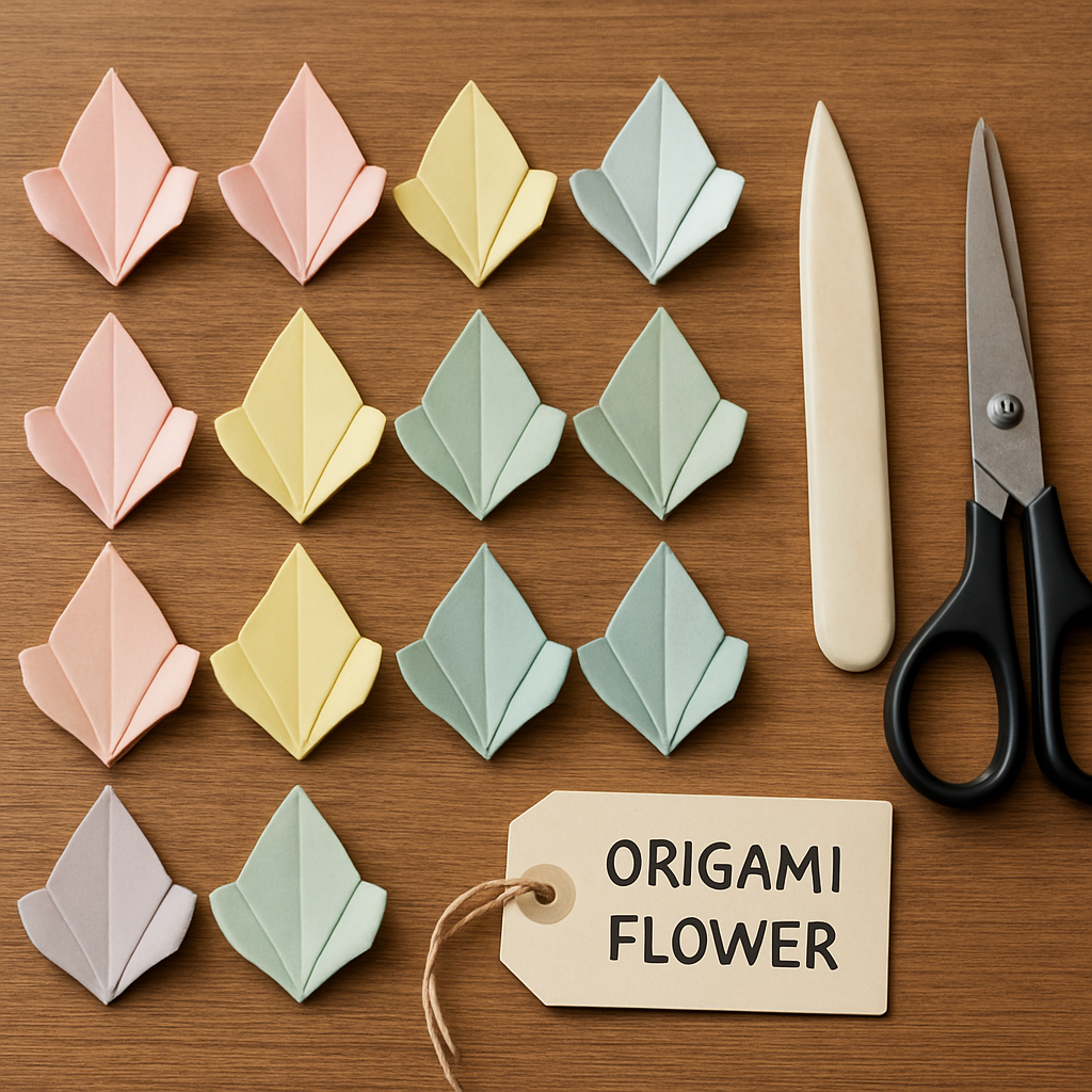 A close‑up of a neatly arranged set of origami flower petals in pastel colors, laid out on a wooden table with a pair of scissors, bone folder, and a printed tag beside them. Alt: Origami flower bouquet materials laid out for step‑by‑step guide.
