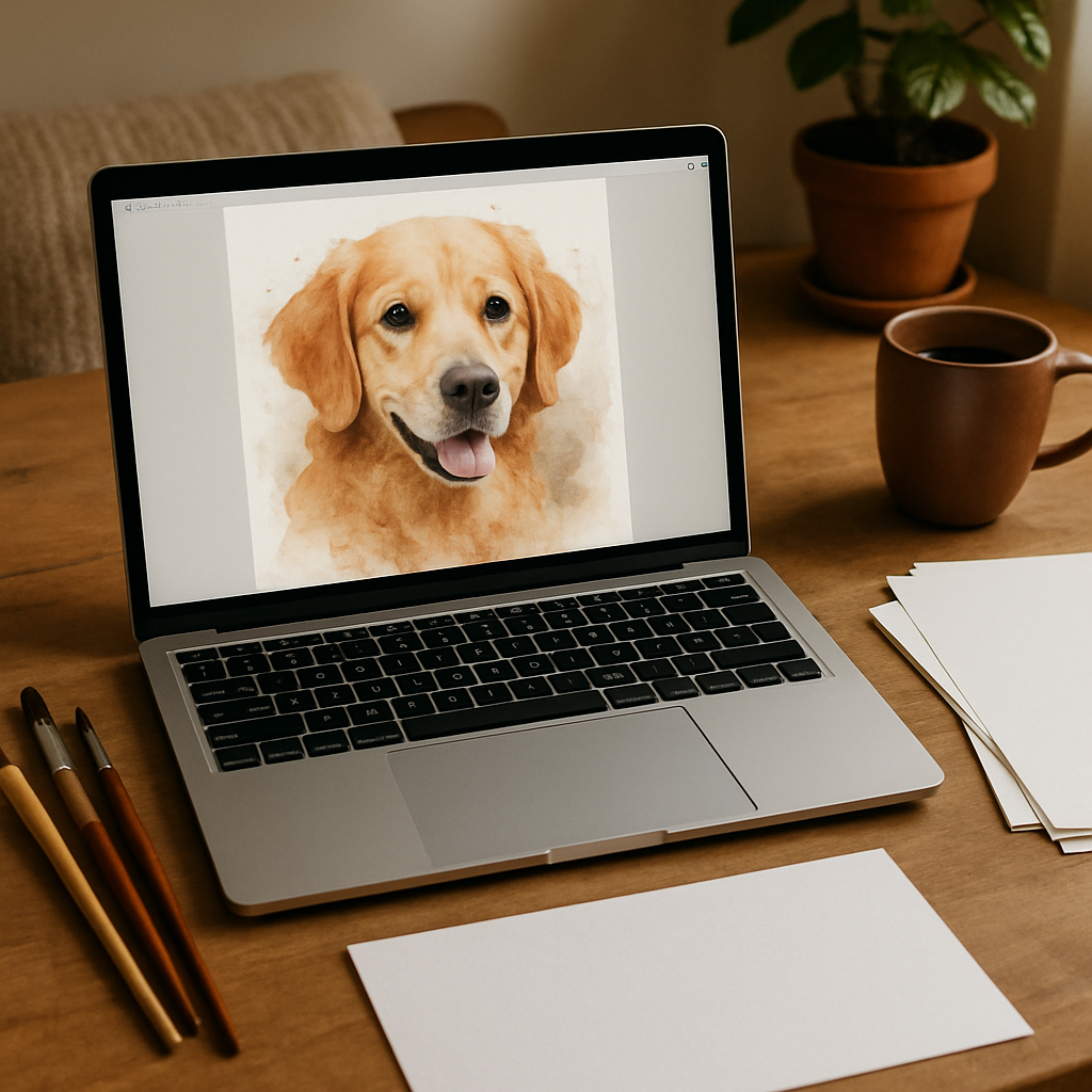A cozy workspace with a laptop displaying a custom watercolor pet portrait file on screen, surrounded by watercolor brushes and printer paper. Alt: Custom watercolor pet portrait printable download being edited before printing.