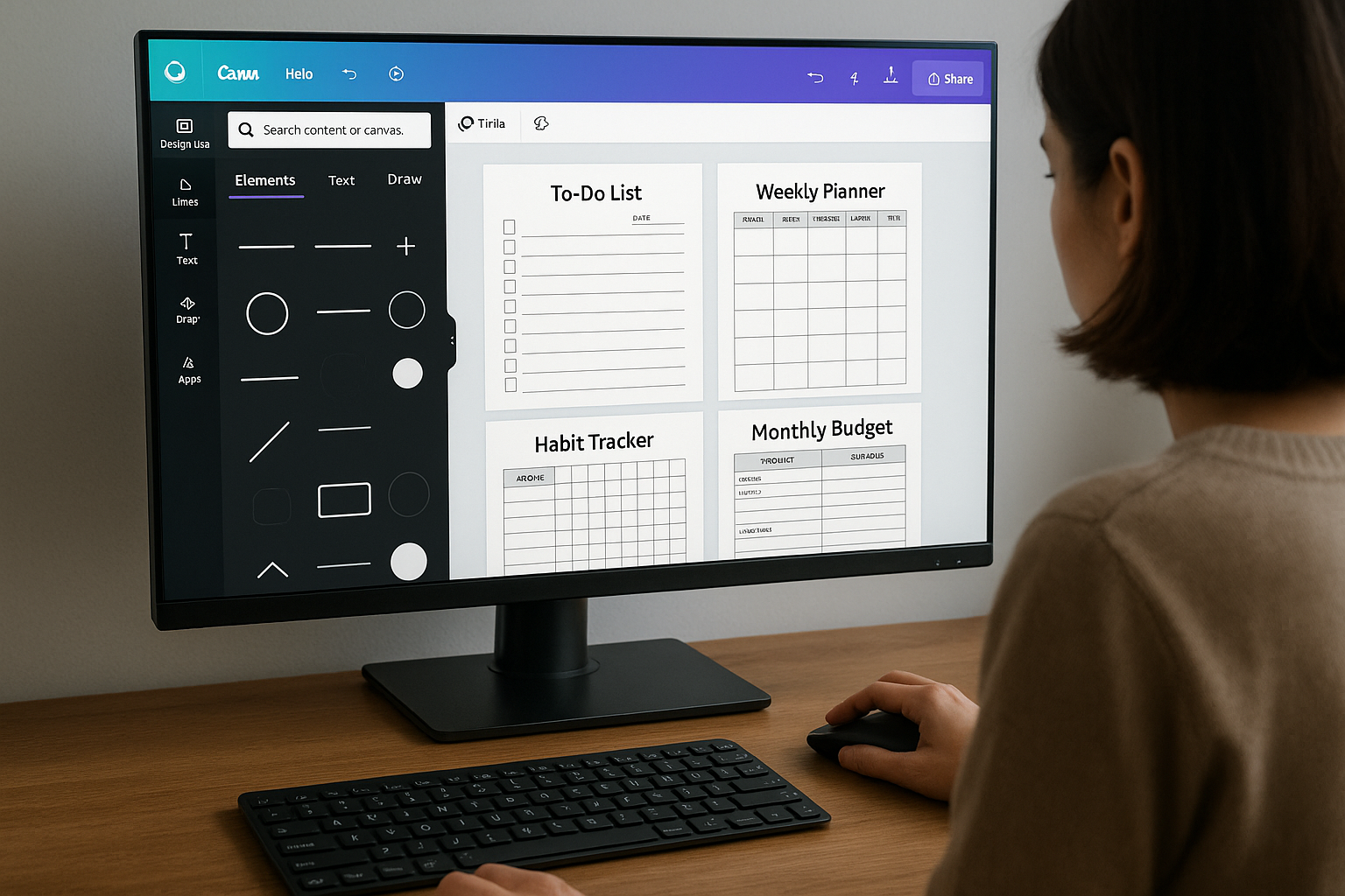 A digital artist arranging printable templates on screen in Canva, design elements visible. Alt: Creating digital printables efficiently using Canva design tools.