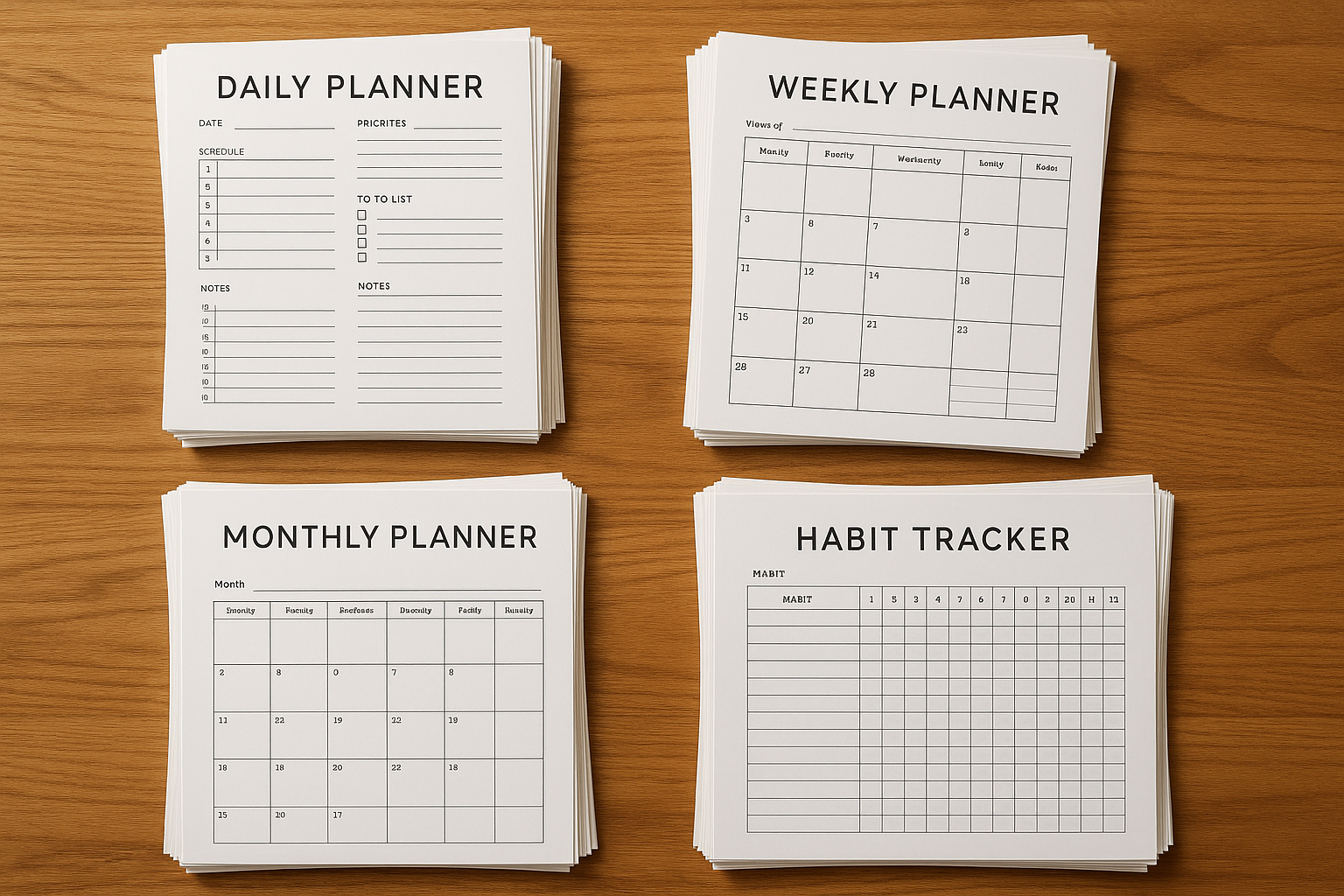 Stacks of printable planner pages arranged neatly, showcasing a passive income product line. Alt: Passive income from selling digital printables like planners.